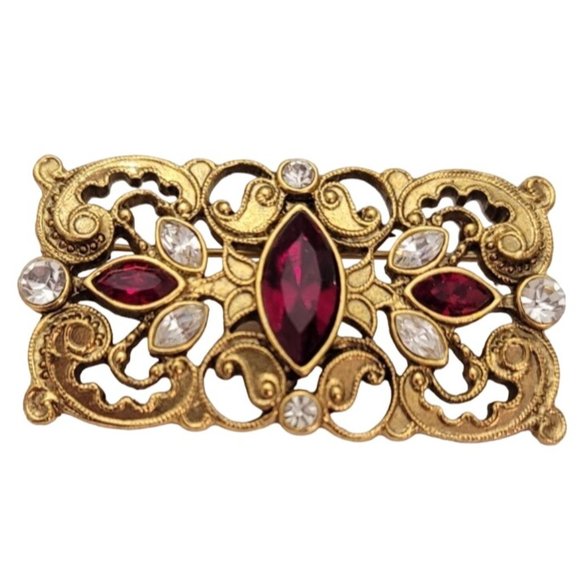 1928 Brand Gold Tone Red, Clear Glass Rhinestone Scroll Bar Brooch Pin E489 - Picture 2 of 9